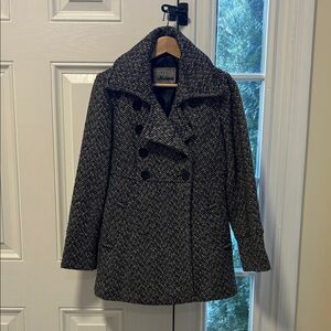 Guess Black and White Herringbone Pea Coat
